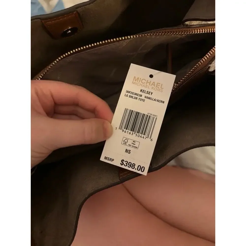 Michael Kors Signature Monogram Large Zip Tote Beige Brown Shoulder Strap Gold